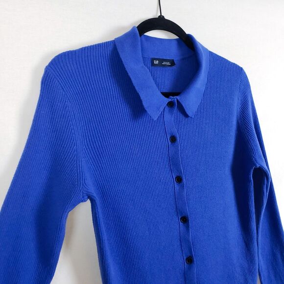 Gap Cobalt Blue Collared Cardigan Womens M Rib Knit CashSoft Preppy Minimalist - Picture 3 of 10